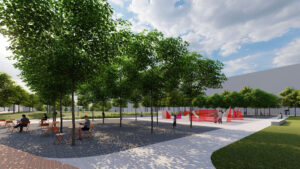 Photo shows a conceptual rendering of a plaza featuring artist Larry Bell's "Reds and Whites" installation slated for Centennial Campus, featuring red and white sculptural blocks between two bosques of trees.