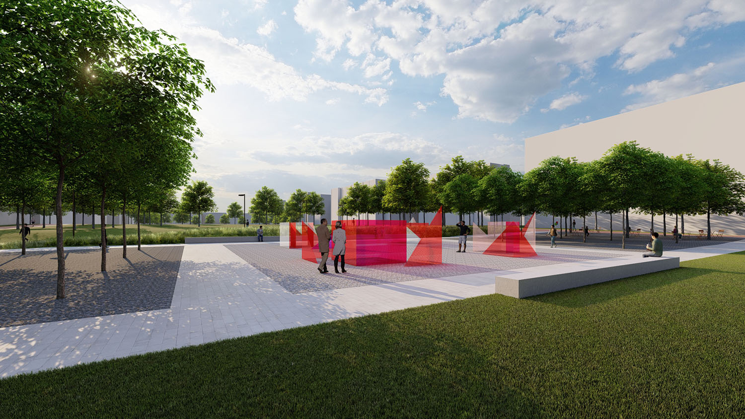 Photo shows a conceptual rendering of a plaza featuring artist Larry Bell's "Reds and Whites" installation slated for Centennial Campus, featuring red and white sculptural blocks between two bosques of trees.