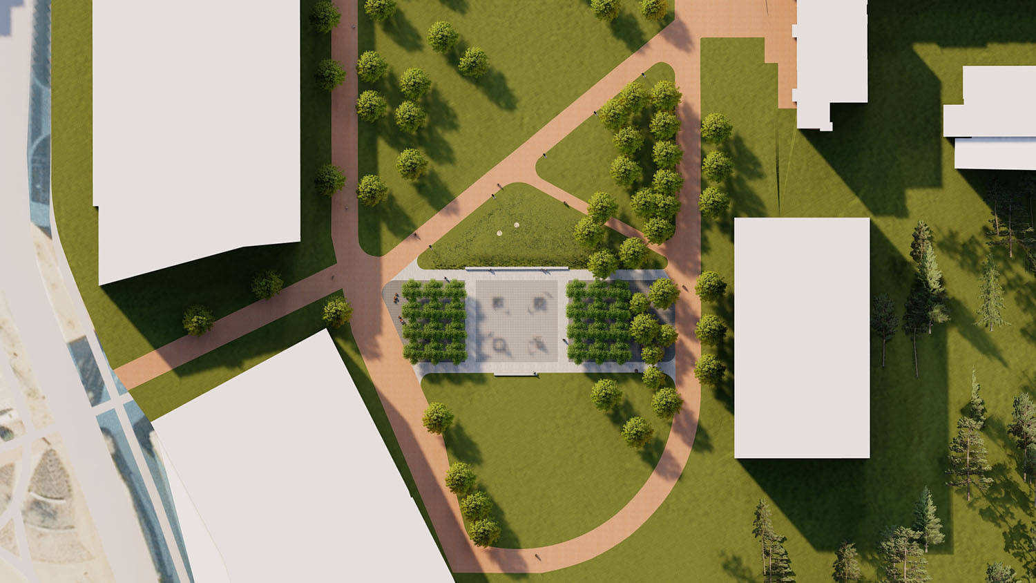 Photo shows a conceptual rendering of a plaza featuring artist Larry Bell's "Reds and Whites" installation slated for Centennial Campus, featuring red and white sculptural blocks between two bosques of trees.