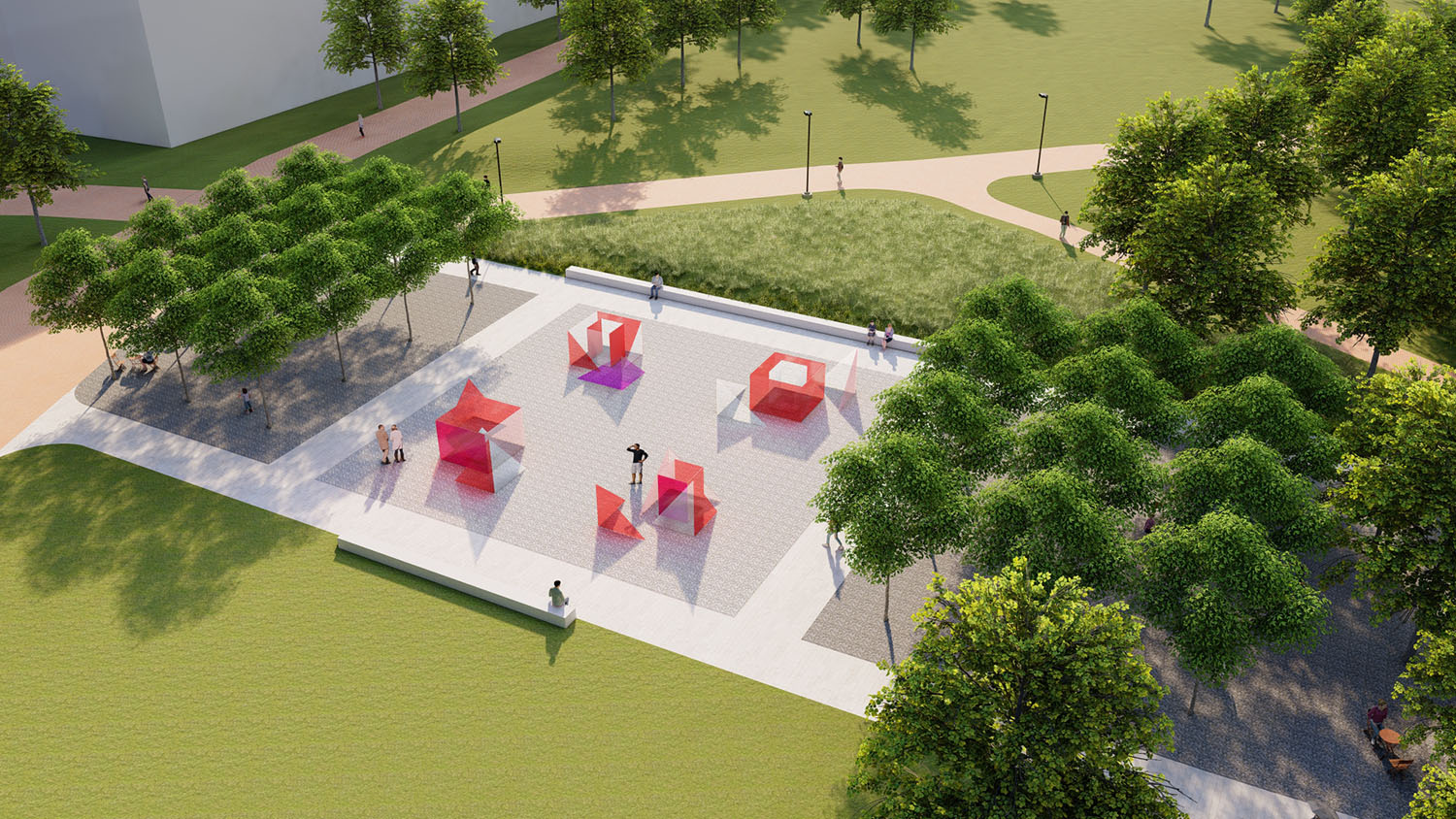 Photo shows a conceptual rendering of a plaza featuring artist Larry Bell's "Reds and Whites" installation slated for Centennial Campus, featuring red and white sculptural blocks between two bosques of trees.