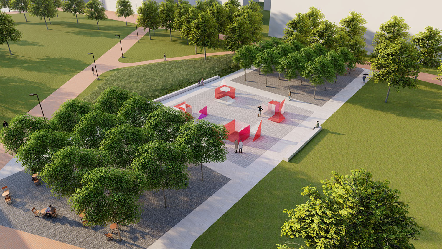 Photo shows a conceptual rendering of a plaza featuring artist Larry Bell's "Reds and Whites" installation slated for Centennial Campus, featuring red and white sculptural blocks between two bosques of trees.