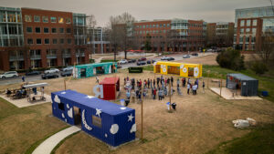 An aerial view of students gathering in The Corner for a Pack Appreciation Day event.