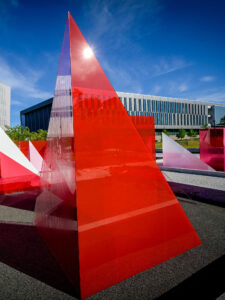 A view of the Reds and Whites art installation at the Susan Woodson Plaza on Centennial Campus.