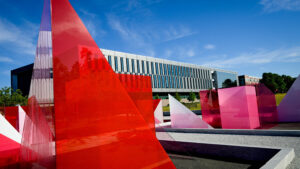 A view of the Reds and Whites art installation at the Susan Woodson Plaza on Centennial Campus.